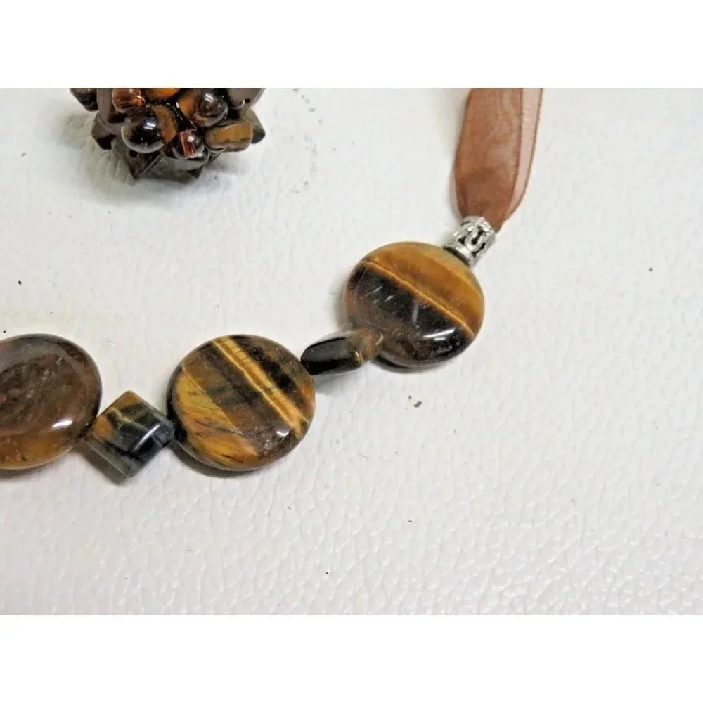 Tiger's Eye Necklace & Ring Set Striped Stone Beaded  Adjustable Ribbon - Picture 3 of 10